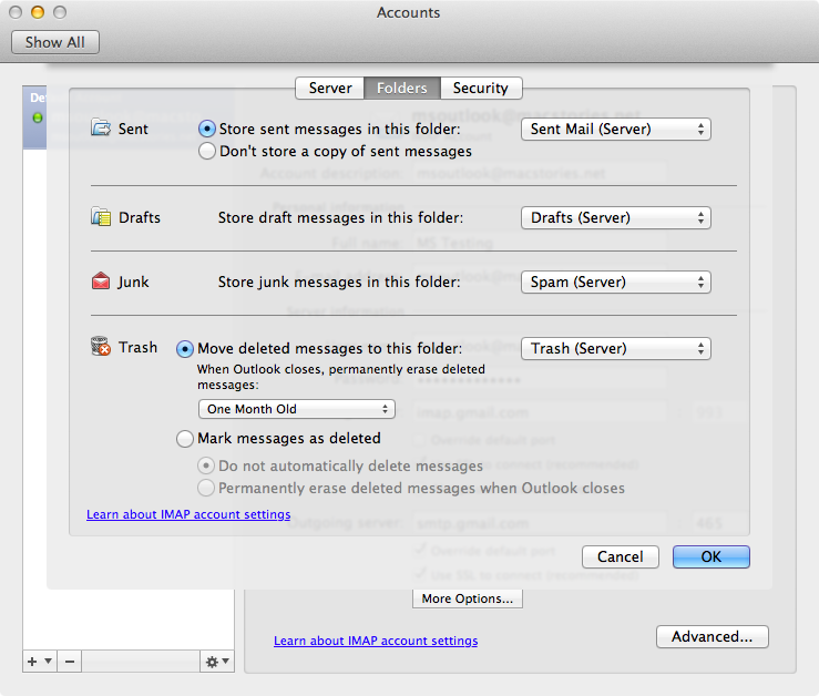 outlook for mac rules delete from server for imap